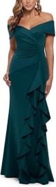 Xscape Long Scuba Off-The-Shoulder Ruffle Dress at Amazon