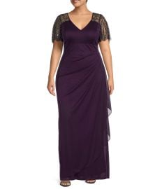 Xscape Plus Size Beaded Short Flutter Sleeve V-Neck Jersey Gown Dillardx27s at Dillards