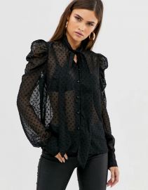 Y.A.S pussy bow polka dot sheer blouse with puff sleeve at Asos