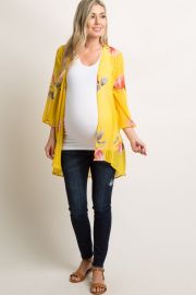 YELLOW FLORAL STRIPED CHIFFON MATERNITY KIMONO at Pink Blush