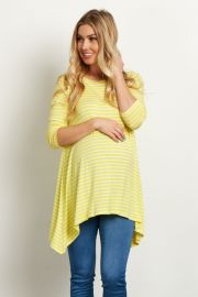 YELLOW STRIPED ASYMMETRIC 3 4 SLEEVE MATERNITY TOP at Pink Blush