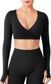 YEOREO CoreFlex Long Sleeve Crop Tops Yoga Cropped T Shirt | Double Lined Workout Deep V Cross Front Padded Soft for Women at Amazon