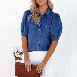 YESFASHION Women’s Puff Short Sleeve Denim Button Down Shirt Lapel Collar Lightweight Casual Blouse Top,M,Dark blue at Target