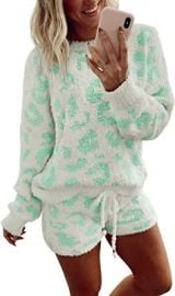 YORGOS Women39s Fuzzy Fleece Leopard Loungewear Sets 2 Piece Soft Pajamas Sweater Top Shorts Set Outfits at Womens Clothing store at Amazon