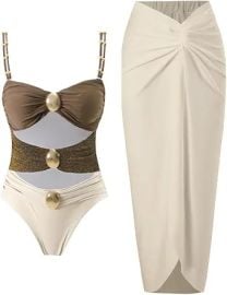 YUNIDMEIM Women's One Piece Swimsuit with Cover up Set Beach Wrap Skirt Retro Bikini Set Two Piece Bathing Suit with Cover up at Amazon