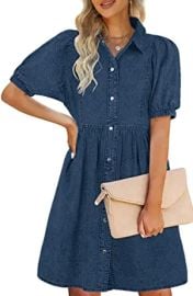 Yousify Women39s Denim Dress Puff Short Sleeve Jean Dress Shirt Dress Button Down with Pockets S-XXL at Womens Clothing store at Amazon