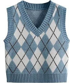 Yuhanya Women39s V Neck Cute Argyle Preppy Style Knit Vest Sleeveless Tank Top Sweater Blue Large at Womens Clothing store at Amazon