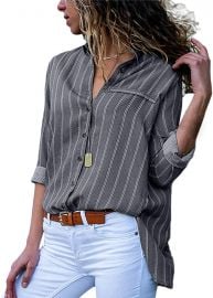 ZAMME Women s V Neck Stripe Long Sleeve Loose Fit Button Up Colorful Blouses Tops at Amazon