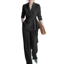 ZANZEA Womens Lapel Collared Tie Waist Formal Blazer Coat Jacket Wide Leg Pants Trousers 2Pcs Sets Suits at Walmart