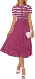 ZESICA Womenx27s 2025 Casual Striped Midi Dress Crewneck Short Sleeve Button Ribbed Knit Swing Pleated A Line Dresses at Womens Clothing store at Amazon
