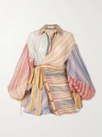 ZIMMERMANN Rebellion patchwork striped linen and silk-blend voile mini wrap dress at Net a Porter