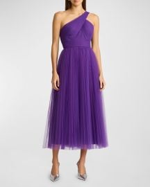 Zac Posen One-Shoulder Pleated Tulle Midi Dress at Neiman Marcus