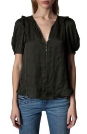 Zadig Voltaire Twisty Satin Ruffle Top in Kaki Size Medium at Nordstrom