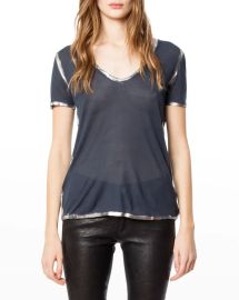 Zadig amp Voltaire Tino Silver Foil V-Neck Short-Sleeve Modal Tee at Neiman Marcus