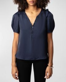 Zadig amp Voltaire Twity Split Neck Pleated Satin Top at Neiman Marcus