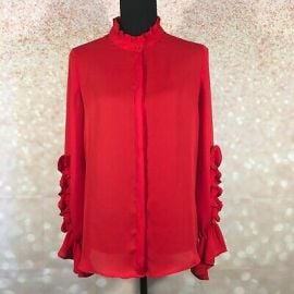 Zara Basic Womens Red Ruffle Long Sleeve High Neck Button Front Shirt Size Small eBay at eBay