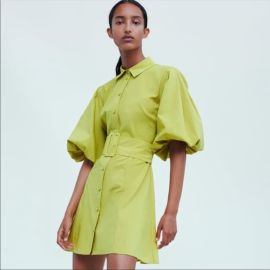 Zara Chartreuse Puff Sleeve Skater Dress at Zara