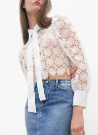 Zara Embroidered Tie Neck Blouse at Zara