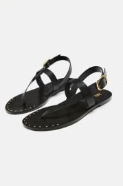 Zara Flat Leather Slider Sandal with Micro Studs at Zara