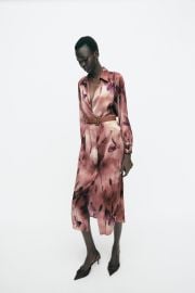 Zara Floral Satin Printed Midi Dress with Belt at Zara