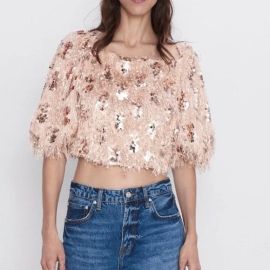 Zara Fringe Rose Gold Crop Top at Zara