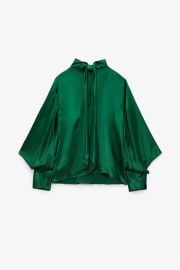 Zara Green Satin Blouse with Ties at Zara