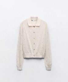 Zara Knit Cardigan with Faux Pearls in Ecru at Zara