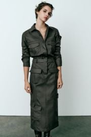 Zara Midi Shirt Dress in Dark Khaki at Zara