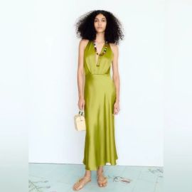 Zara Satin Dress in Olive Green at Zara