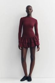 Zara Short Ruffled Dress in Burgundy at Zara