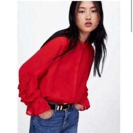 Zara Tops Zara Basic Ruffled Button Up Blouse In Red Poshmark at Poshmark