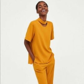 Zara Zara Keyhole Mockneck Button Blouse Mustard at Zara