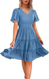 Zattcas Women 2024 Short Sleeve Summer Dress V Neck Smocked Waist Casual Flowy A Line Tiered Work Midi Dresses at Womens Clothing store at Amazon