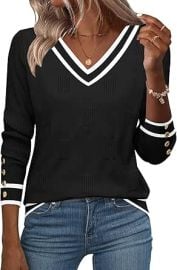 Zeagoo Womens V Neck Sweaters Shirts Long Sleeve Lightweight Ribbed Knit Pullover Sweater Blouse Tops with Buttons Oufits at Amazon