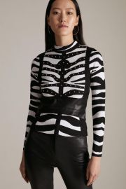 Zebra Jacquard Studded PU Mix Knit Top at Karen Millen