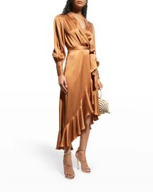 Zimmermann Blouson-Sleeve Silk Wrap Midi Dress at Neiman Marcus