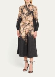 Zimmermann Floral-Print Long-Sleeve Belted Linen Midi Dress - at Bergdorf Goodman