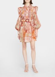 Zimmermann Floral RUffled Button-Front Tuxedo Dress with Balloon Sleeves - at Bergdorf Goodman