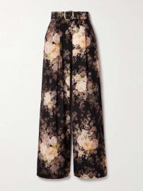 Zimmermann Illustration Tuck Floral Belted Silk Wide Leg Pants at Net a Porter