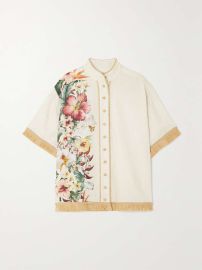 Zimmermann NET SUSTAIN Lexi raffia trimmed floral print linen shirt at Net a Porter