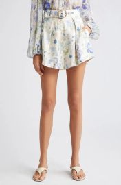 Zimmermann Natura Floral Belted Linen Shorts in Blue Garden Print at Nordstrom