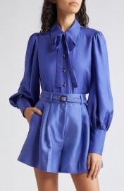 Zimmermann Natura Silk Satin Tie Neck Button-Up Shirt at Nordstrom