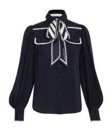 Zimmermann Navy Contrast Tie Neck Blouse at Zimmerman