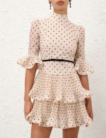 Zimmermann Pleated Sleeved Mini Dress in Cream Black Polka Dot at Zimmermann