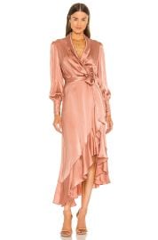 Zimmermann Plunge neck wrap over silk midi dress at Revolve