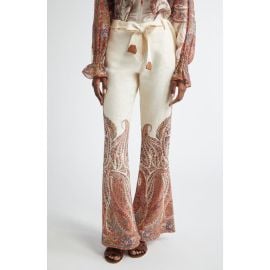 Zimmermann Rhiannon Paisley Print Belted Linen Flare Pants at Nordstrom