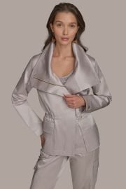 Zip Front Jacket With Pockets LeatherFaux Leather at Donna Karan