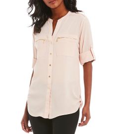 Zip-Pocket Roll Tab Blouse by Calvin Klein at Dillards