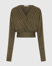 Zoe Pinstripe Elastic Wrap Satin Top Khaki JAKI at Jaki