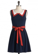 WornOnTV: Jess’s navy blue dress with orange collar and tie waist on ...